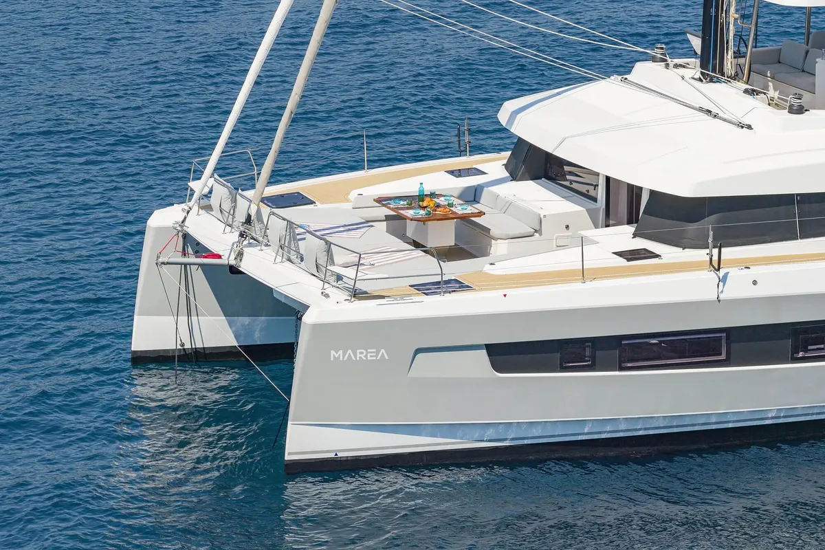 Deck of Marea III, a Bali 5.8 catamaran at Grad Kaštela, Croatia