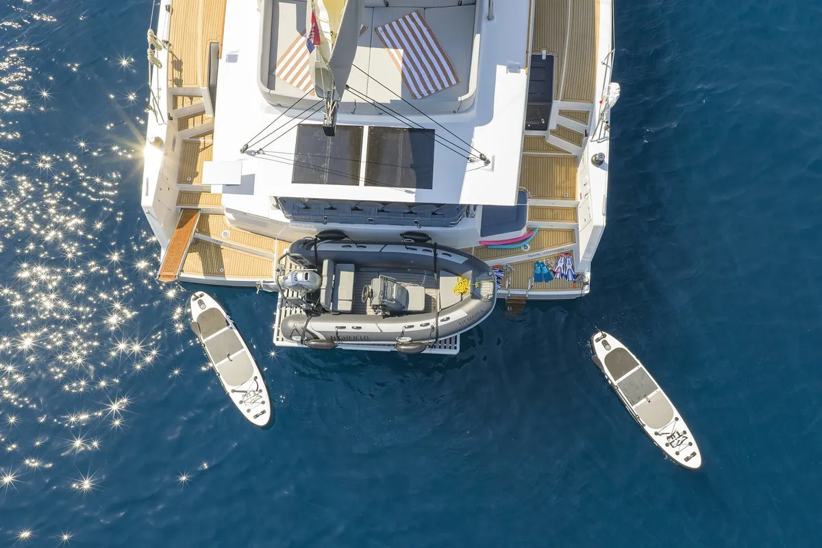 Deck of Marea III, a Bali 5.8 catamaran at Grad Kaštela, Croatia