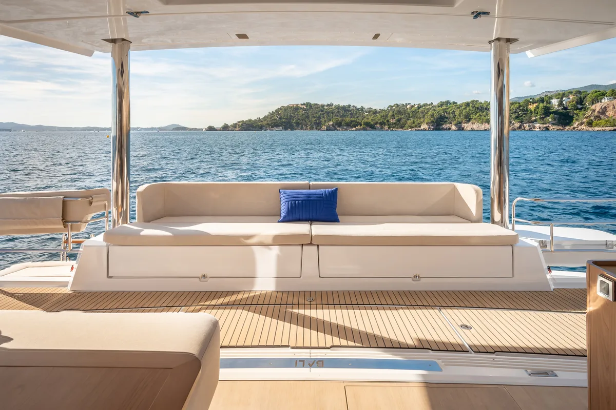 Deck of Marea III, a Bali 5.8 catamaran at Grad Kaštela, Croatia