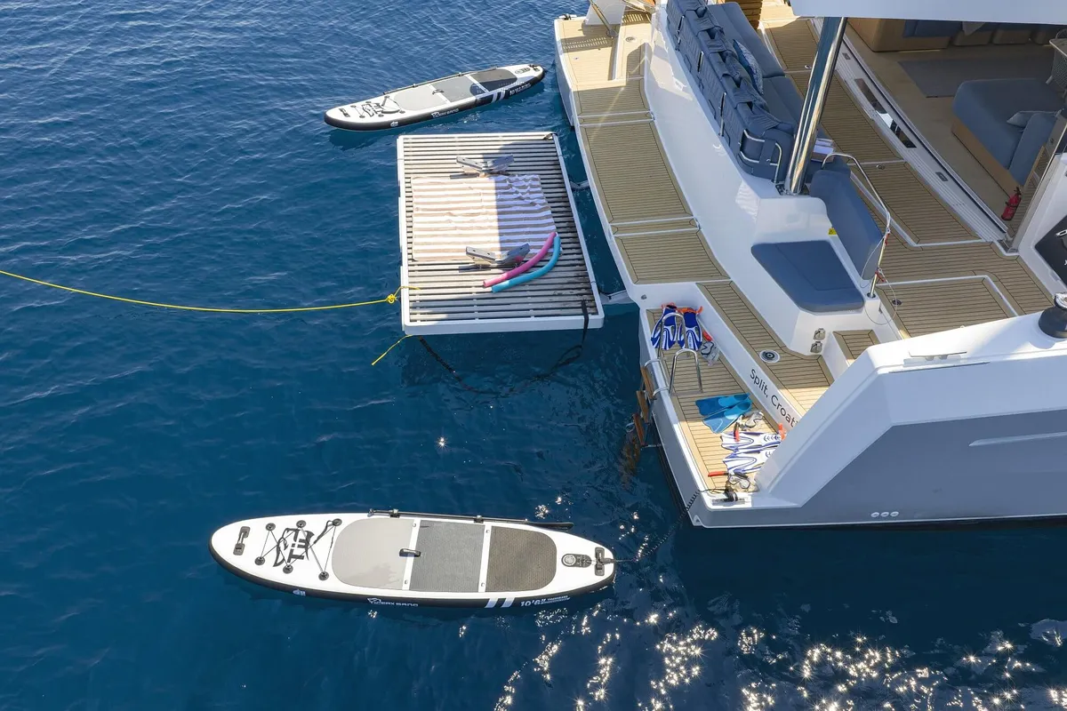 Deck of Marea III, a Bali 5.8 catamaran at Grad Kaštela, Croatia
