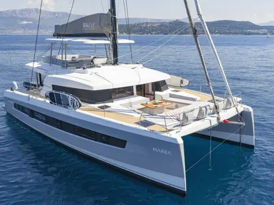 Deck of Marea III, a Bali 5.8 catamaran at Grad Kaštela, Croatia