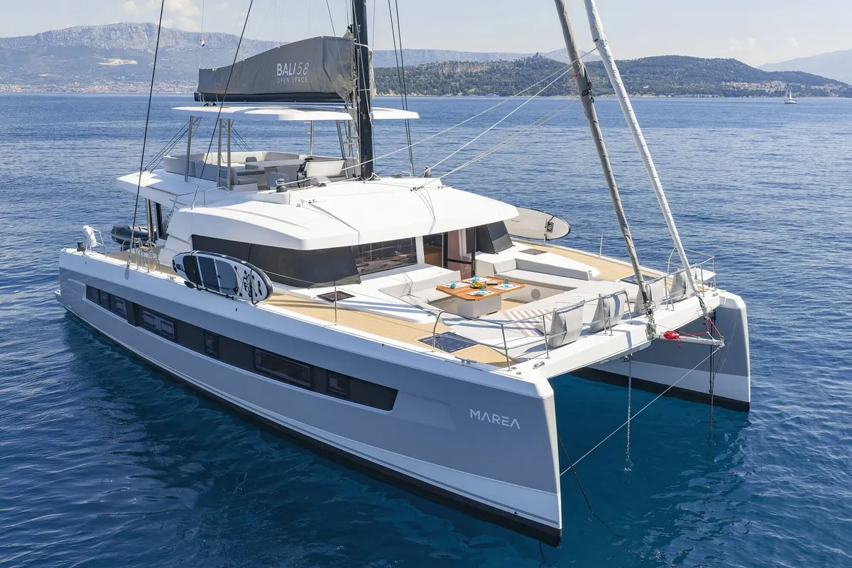 Deck of Marea III, a Bali 5.8 catamaran at Grad Kaštela, Croatia