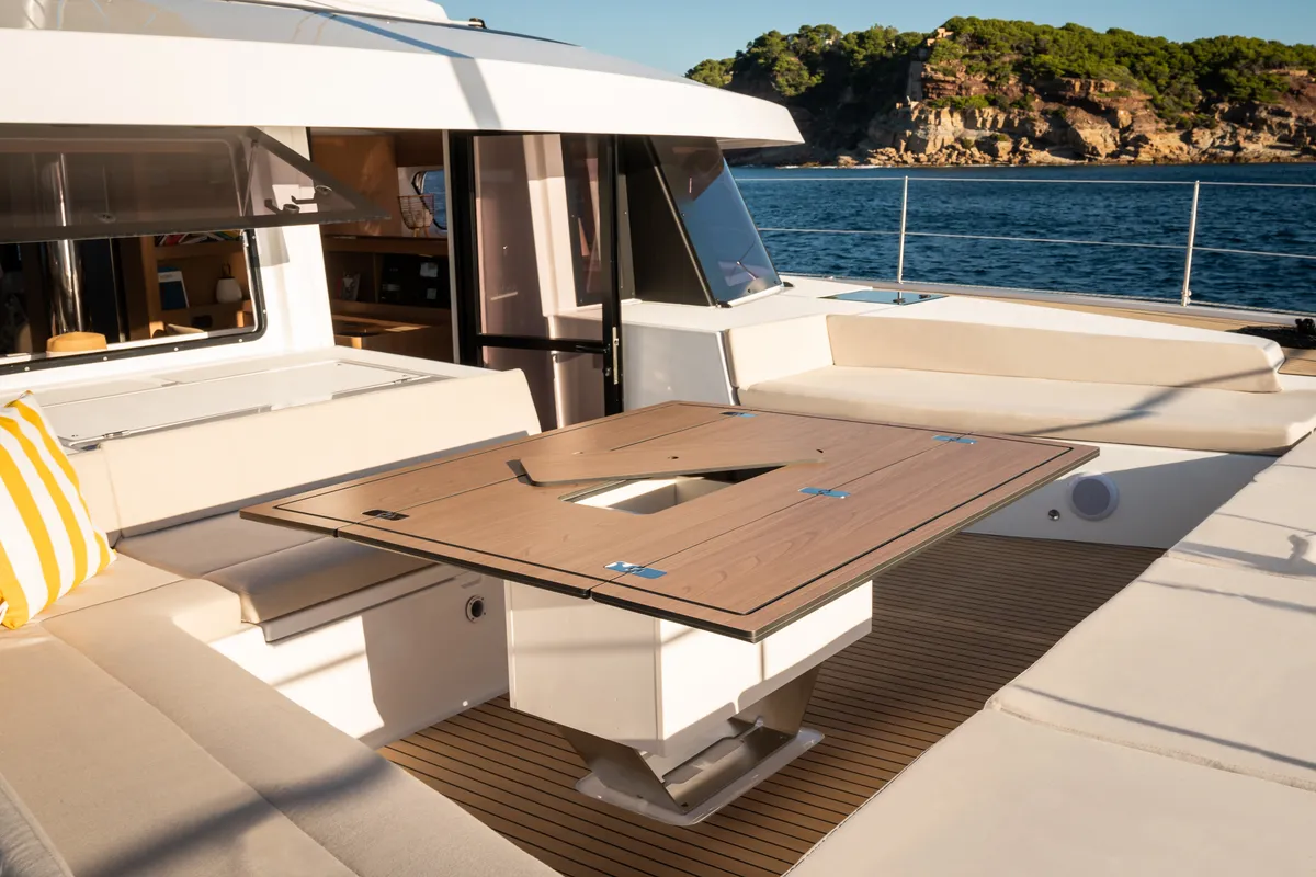 Deck of Marea III, a Bali 5.8 catamaran at Grad Kaštela, Croatia