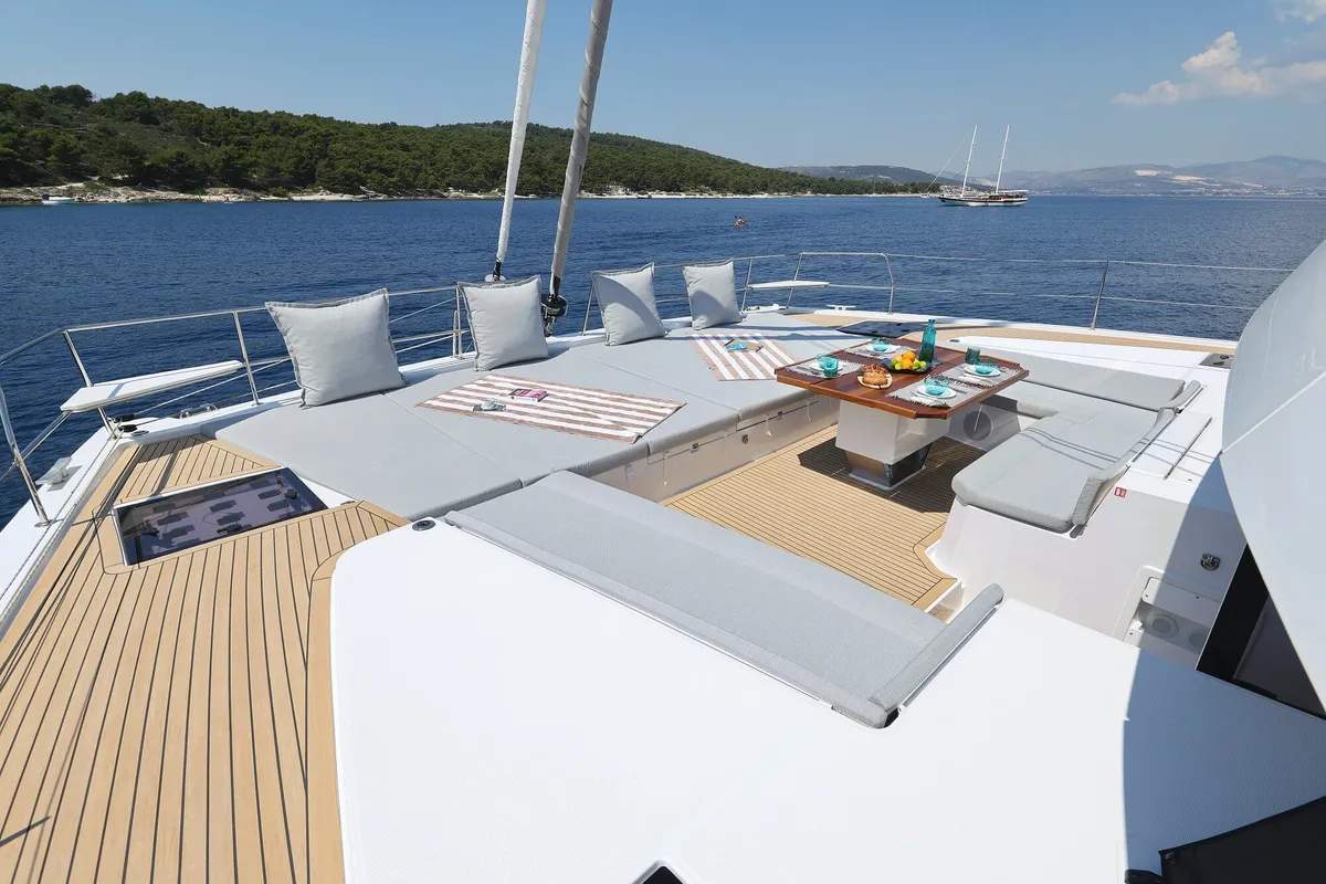 Deck of Marea III, a Bali 5.8 catamaran at Grad Kaštela, Croatia