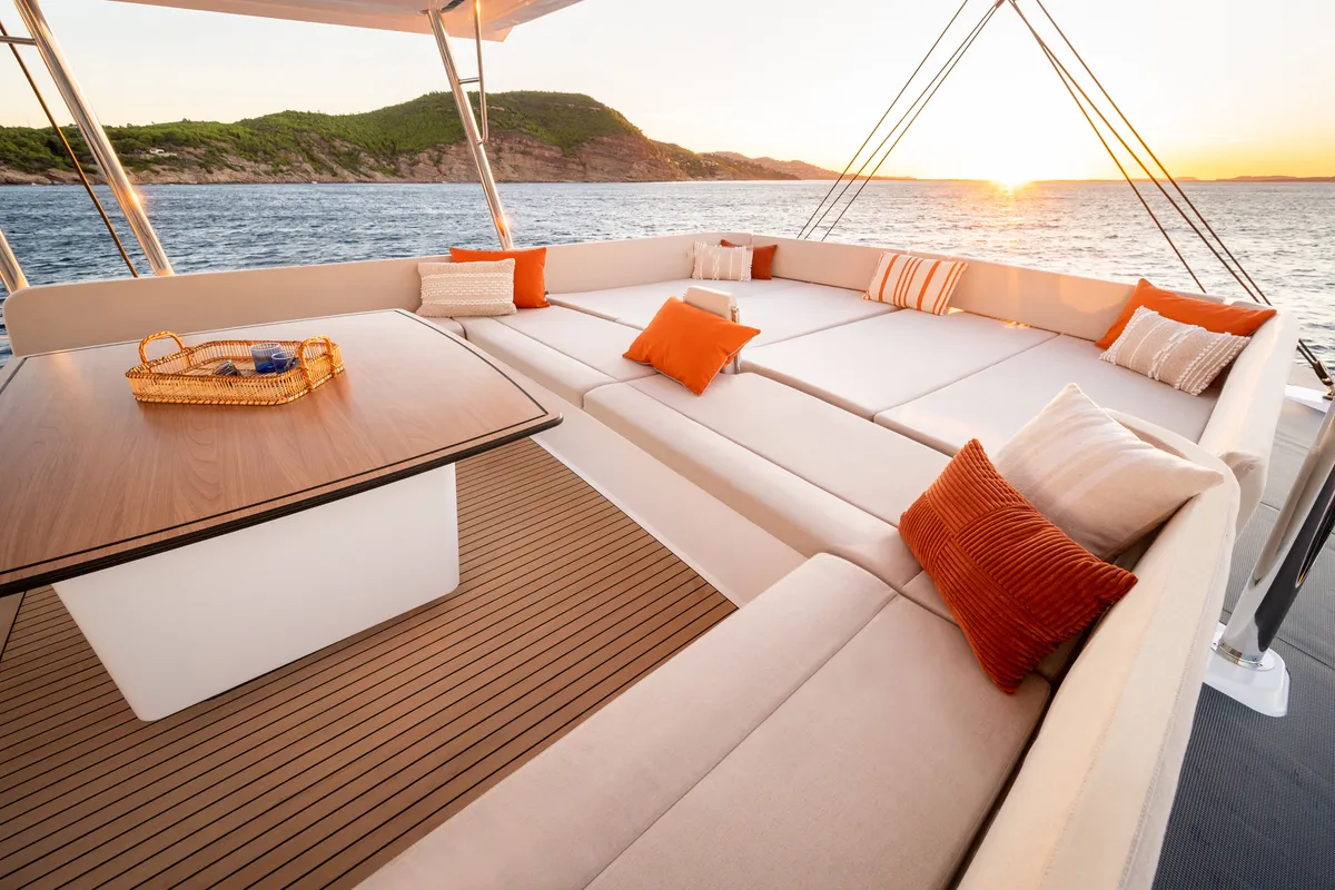 Deck of Marea III, a Bali 5.8 catamaran at Grad Kaštela, Croatia