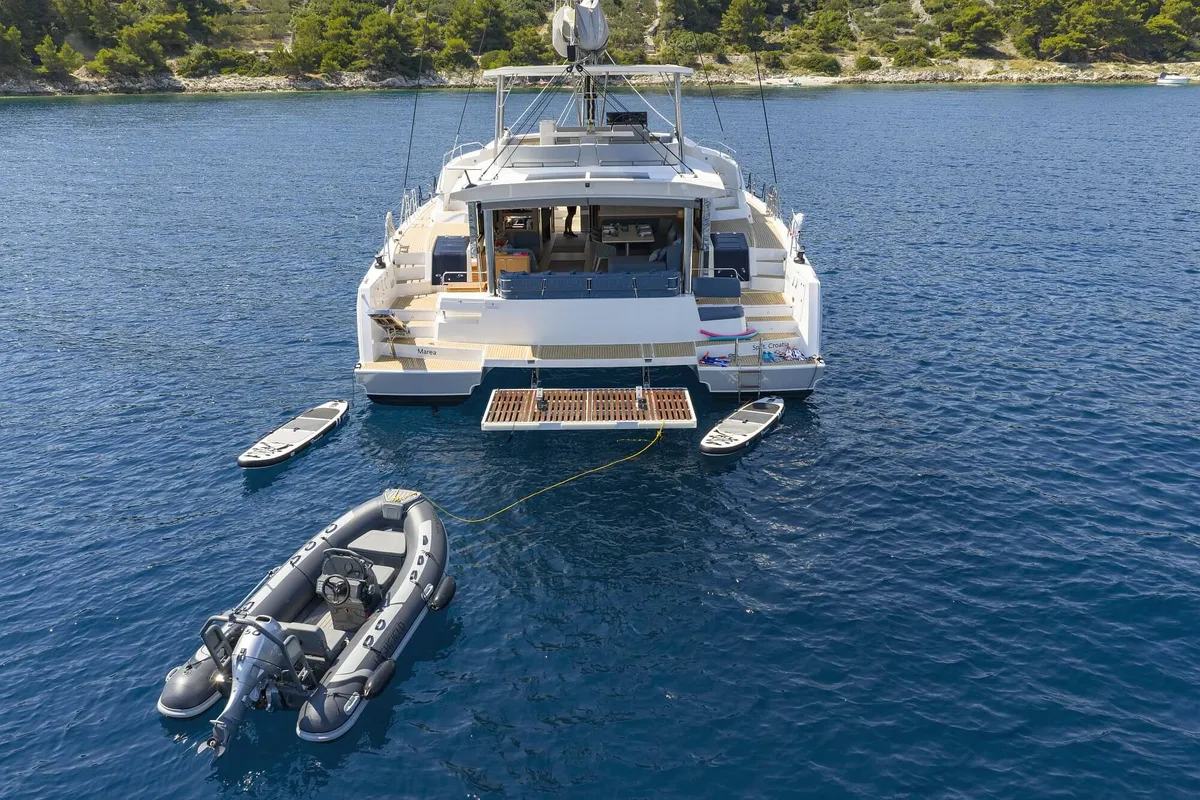 Deck of Marea III, a Bali 5.8 catamaran at Grad Kaštela, Croatia