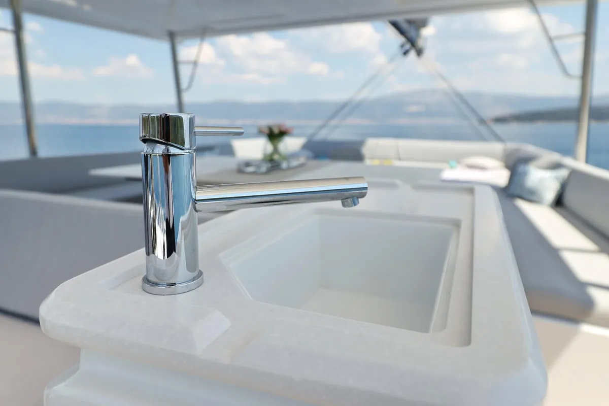 Deck of Marea III, a Bali 5.8 catamaran at Grad Kaštela, Croatia