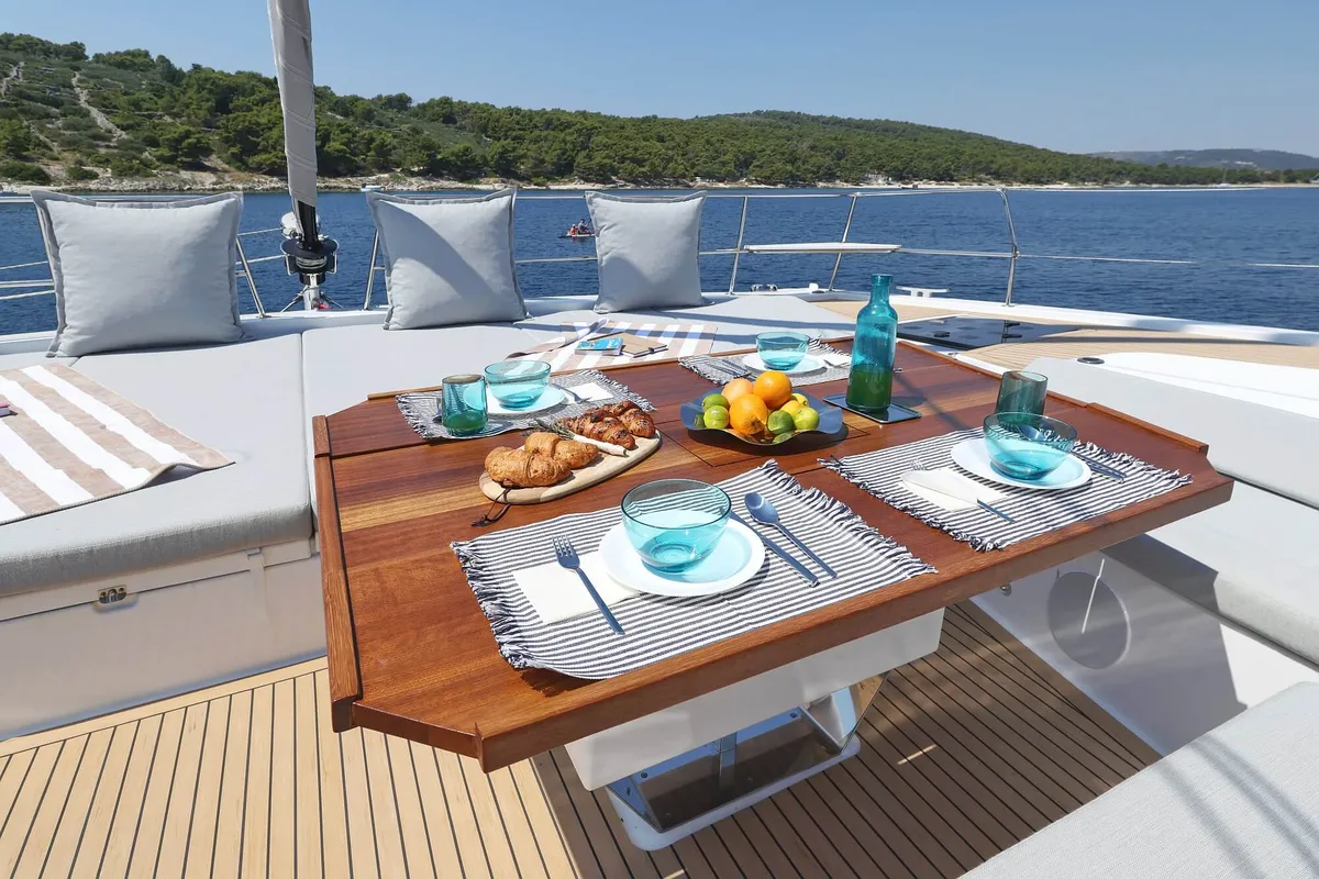 Deck of Marea III, a Bali 5.8 catamaran at Grad Kaštela, Croatia