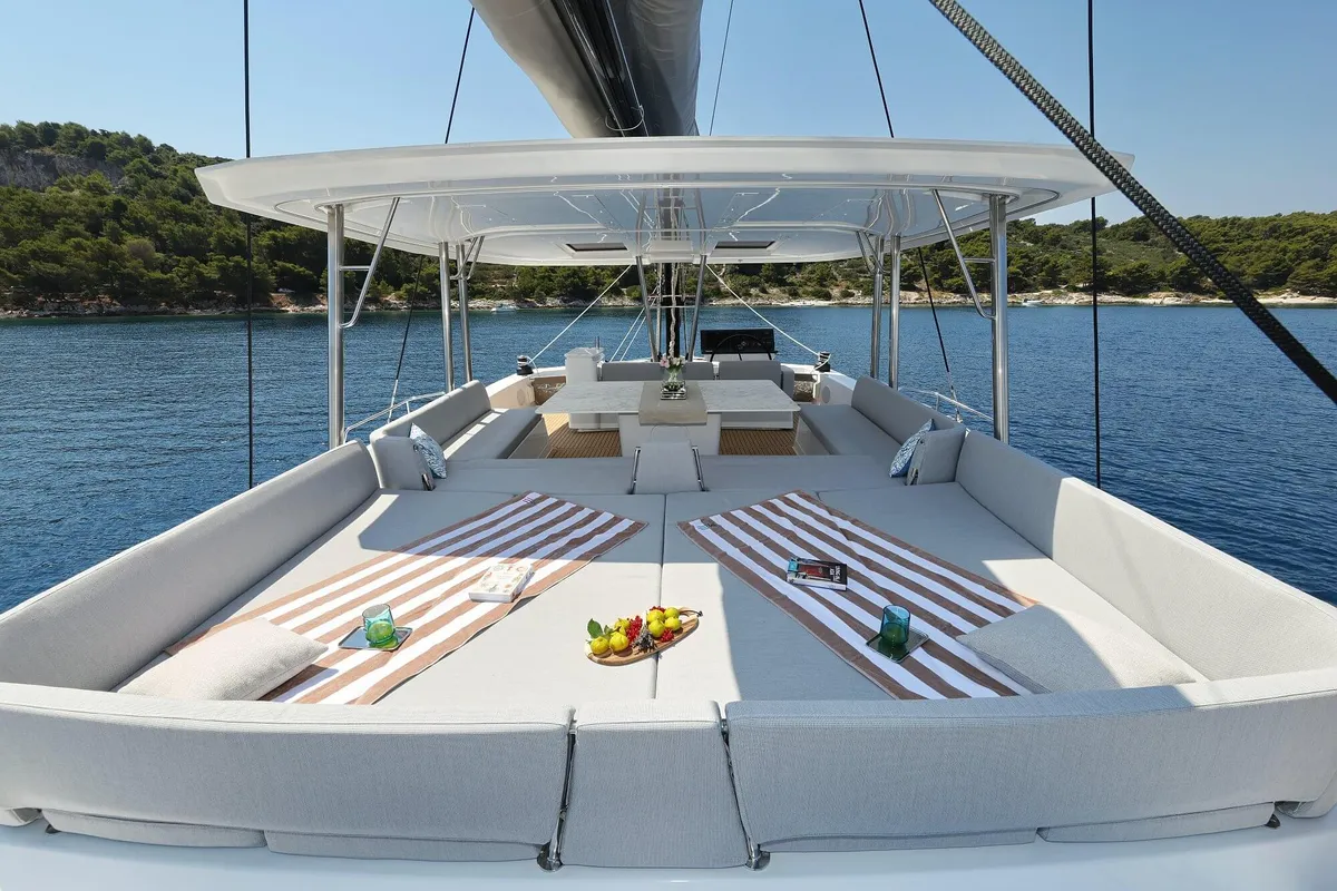 Deck of Marea III, a Bali 5.8 catamaran at Grad Kaštela, Croatia