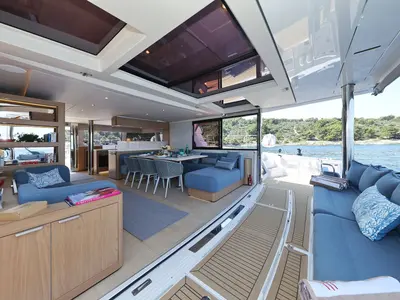 Salon of Marea III, a Bali 5.8 catamaran at Grad Kaštela, Croatia