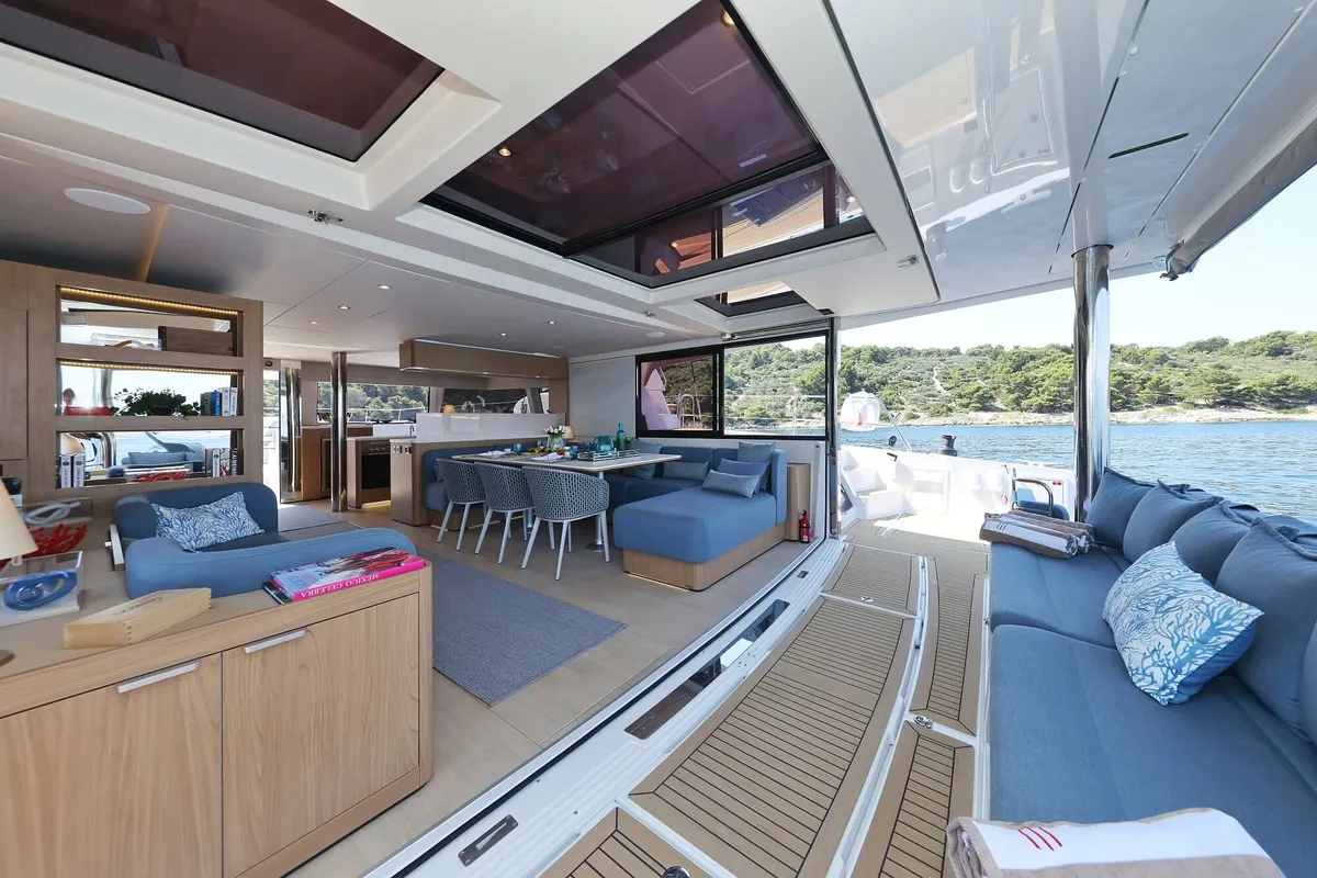 Salon of Marea III, a Bali 5.8 catamaran at Grad Kaštela, Croatia