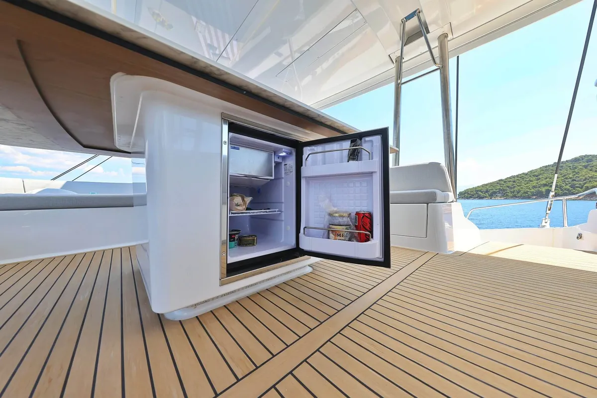 Deck of Marea III, a Bali 5.8 catamaran at Grad Kaštela, Croatia