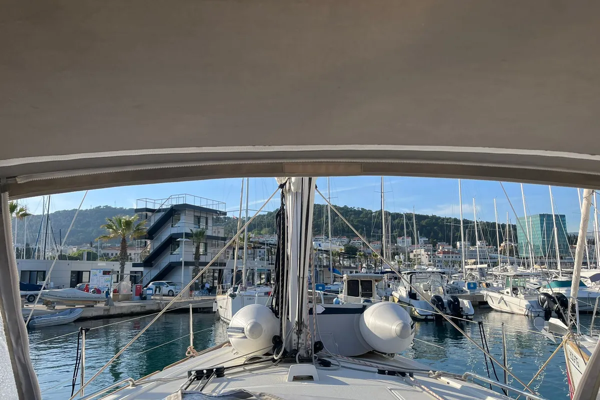 Deck of SAILOR MERCURY, a Beneteau Oceanis 38.1 sailboat at Split, Croatia
