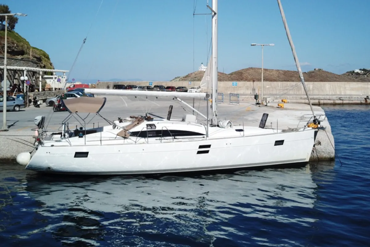 Exterior view of Okea Iris, a Elan 444 Impression sailboat at Lavreotiki Municipal Unit, Greece