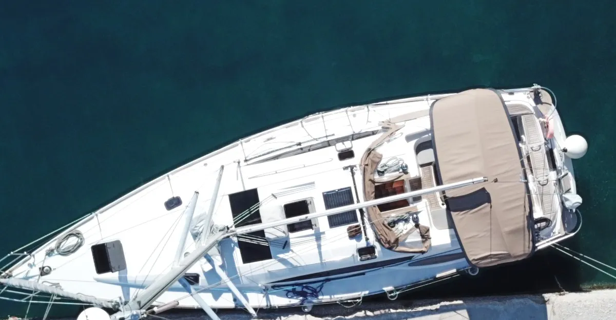Deck of Okea Iris, a Elan 444 Impression sailboat at Lavreotiki Municipal Unit, Greece