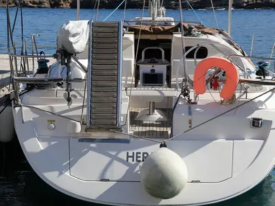 Deck of Okea Iris, a Elan 444 Impression sailboat at Lavreotiki Municipal Unit, Greece