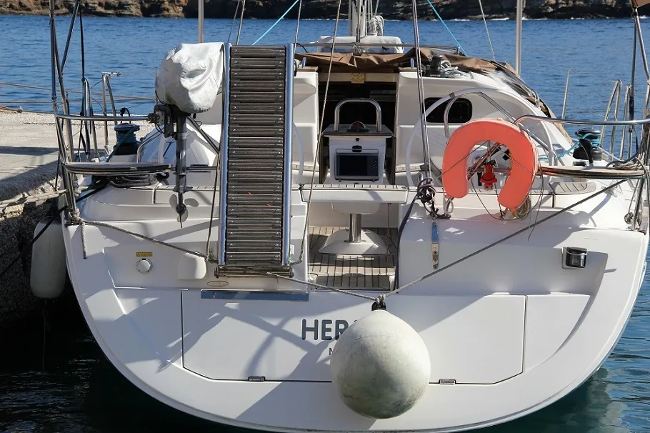 Deck of Okea Iris, a Elan 444 Impression sailboat at Lavreotiki Municipal Unit, Greece