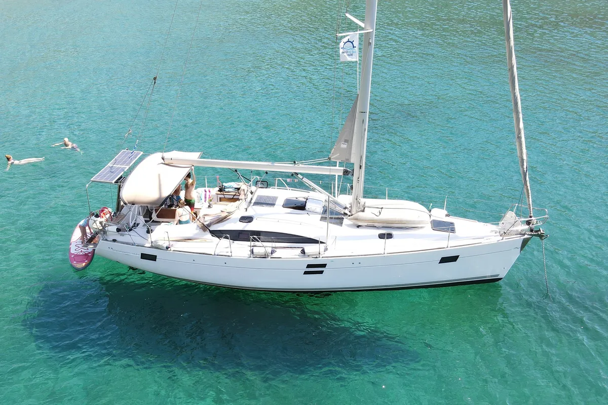 Exterior view of Okea Iris, a Elan 444 Impression sailboat at Lavreotiki Municipal Unit, Greece