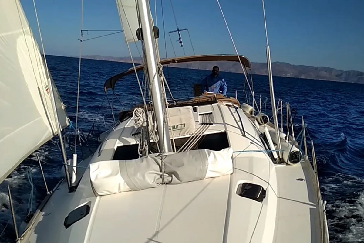 Deck of Okea Iris, a Elan 444 Impression sailboat at Lavreotiki Municipal Unit, Greece