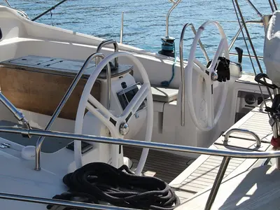 Cockpit of Okea Iris, a Elan 444 Impression sailboat at Lavreotiki Municipal Unit, Greece