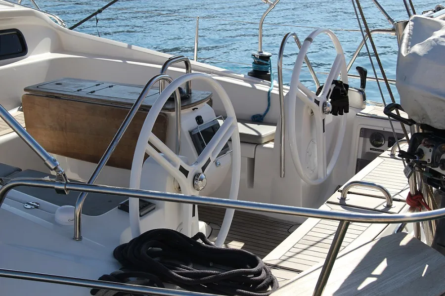 Cockpit of Okea Iris, a Elan 444 Impression sailboat at Lavreotiki Municipal Unit, Greece