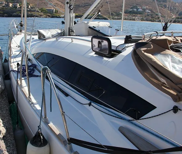 Deck of Okea Iris, a Elan 444 Impression sailboat at Lavreotiki Municipal Unit, Greece