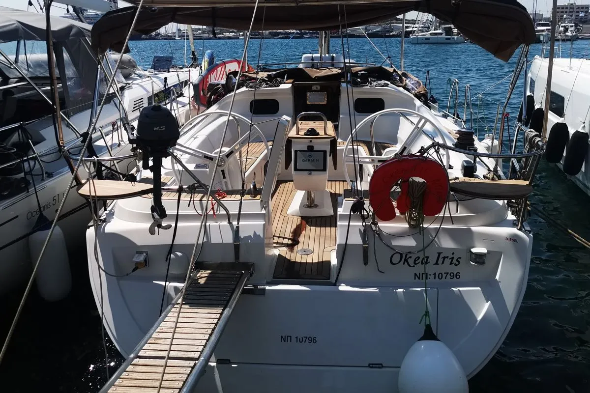 Okea Iris, a Elan 444 Impression sailboat at Lavreotiki Municipal Unit, Greece