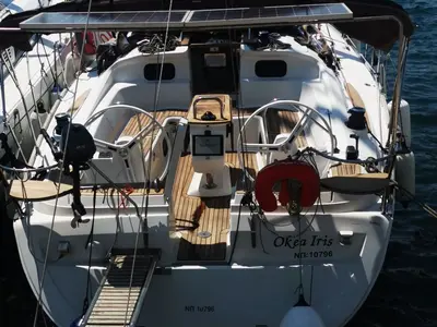 Cockpit of Okea Iris, a Elan 444 Impression sailboat at Lavreotiki, Greece