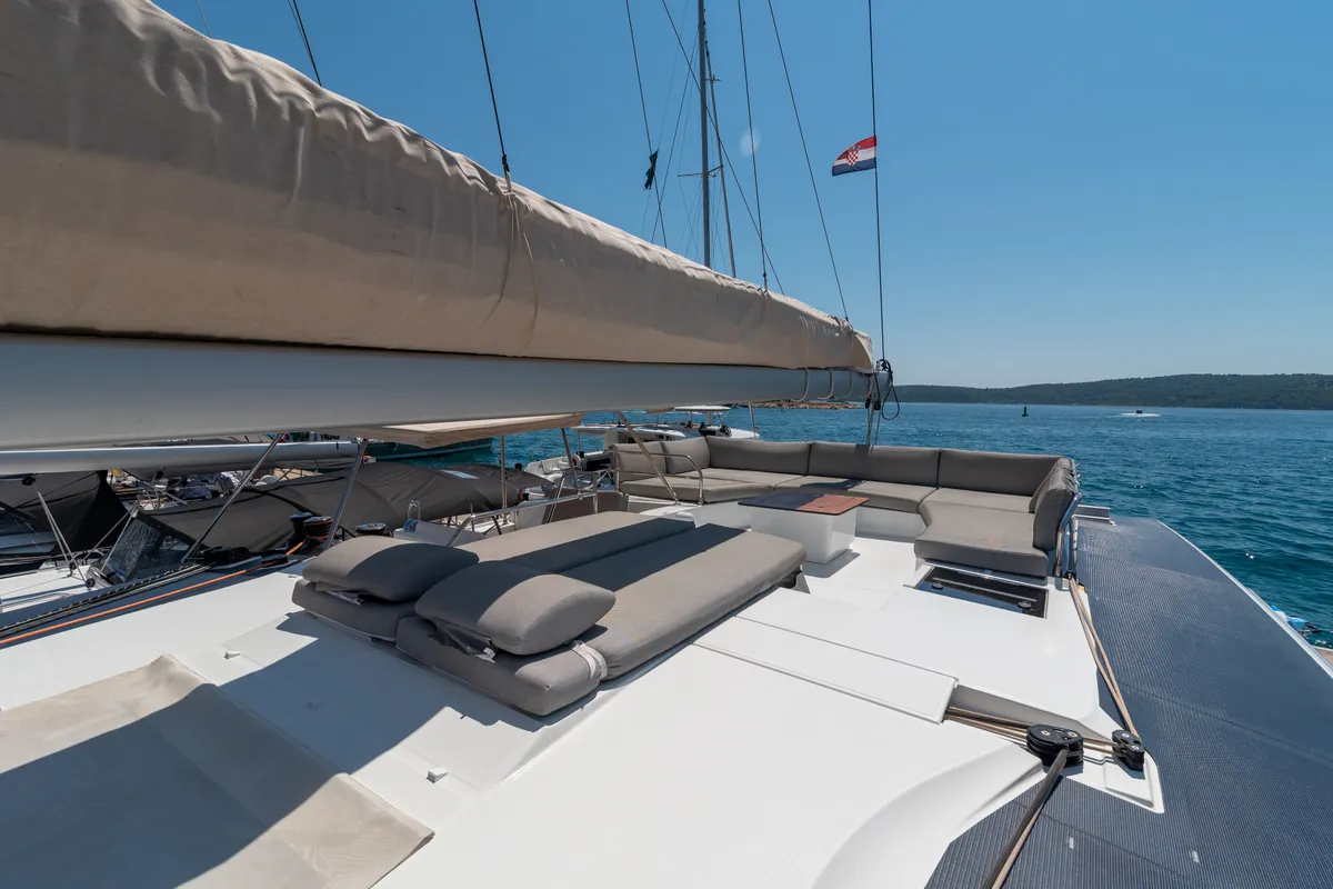 Deck of Ingrid, a Fountaine Pajot Aura 51 catamaran at Simpson Bay, Sint Maarten