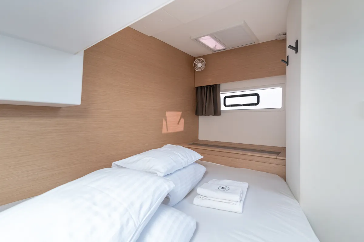 Cabin on Ingrid, a Fountaine Pajot Aura 51 catamaran at Simpson Bay, Sint Maarten