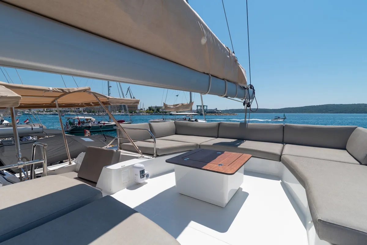 Deck of Ingrid, a Fountaine Pajot Aura 51 catamaran at Simpson Bay, Sint Maarten