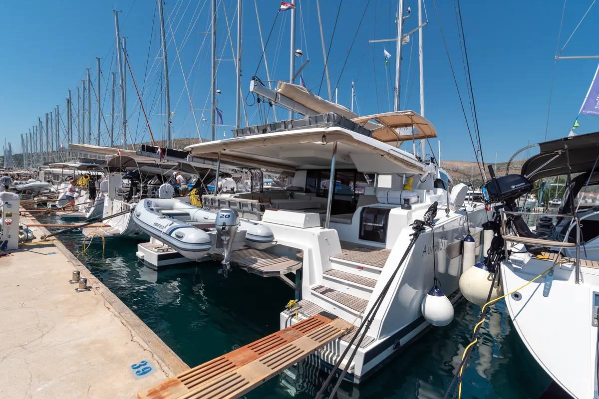 Exterior view of Ingrid, a Fountaine Pajot Aura 51 catamaran at Simpson Bay, Sint Maarten