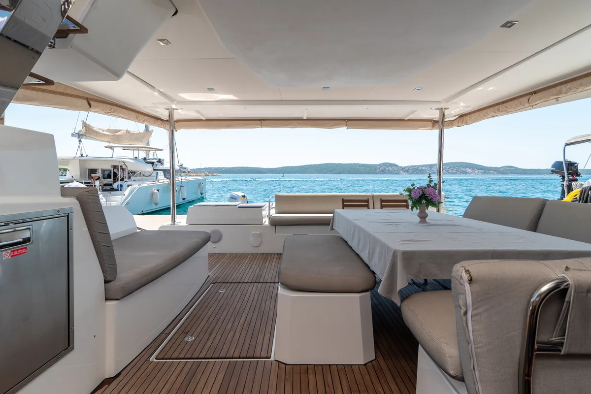 Deck of Ingrid, a Fountaine Pajot Aura 51 catamaran at Simpson Bay, Sint Maarten