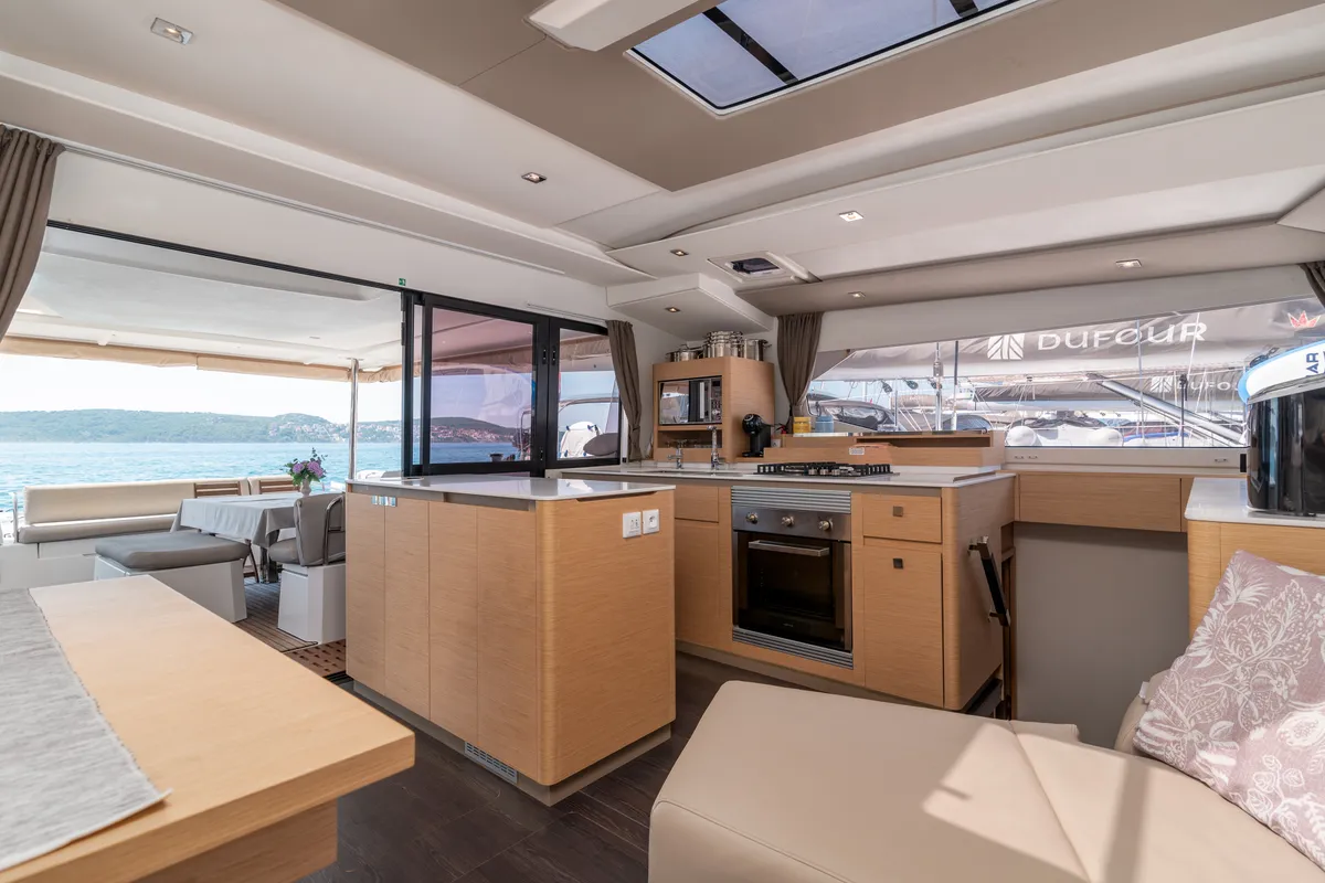 Galley of Ingrid, a Fountaine Pajot Aura 51 catamaran at Simpson Bay, Sint Maarten