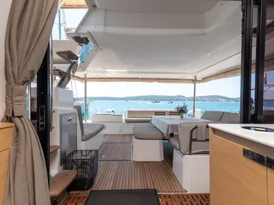 Deck of Ingrid, a Fountaine Pajot Aura 51 catamaran at Simpson Bay, Sint Maarten