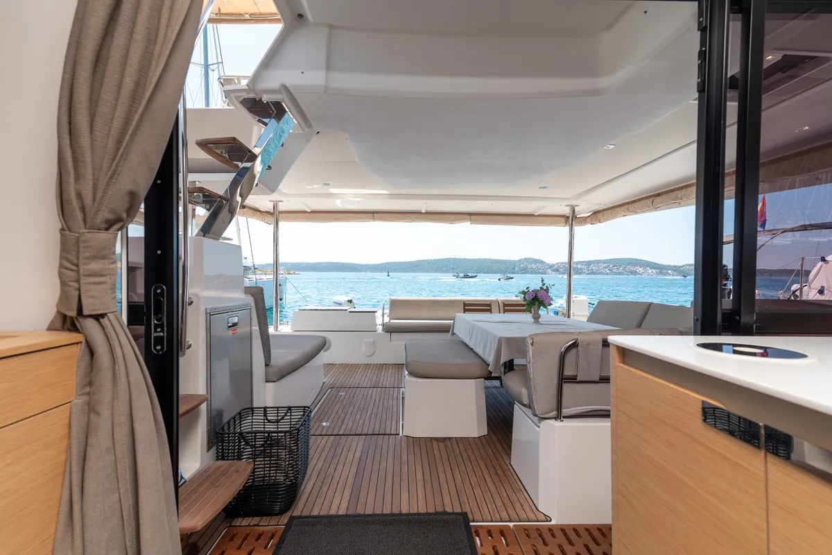 Deck of Ingrid, a Fountaine Pajot Aura 51 catamaran at Simpson Bay, Sint Maarten