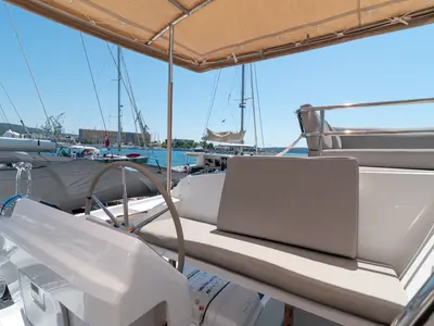 Cockpit of Ingrid, a Fountaine Pajot Aura 51 catamaran at Simpson Bay, Sint Maarten
