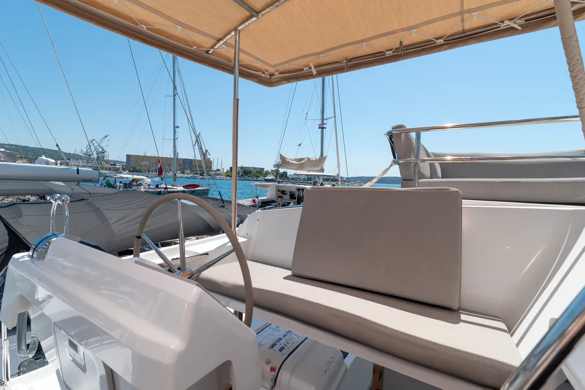 Cockpit of Ingrid, a Fountaine Pajot Aura 51 catamaran at Simpson Bay, Sint Maarten