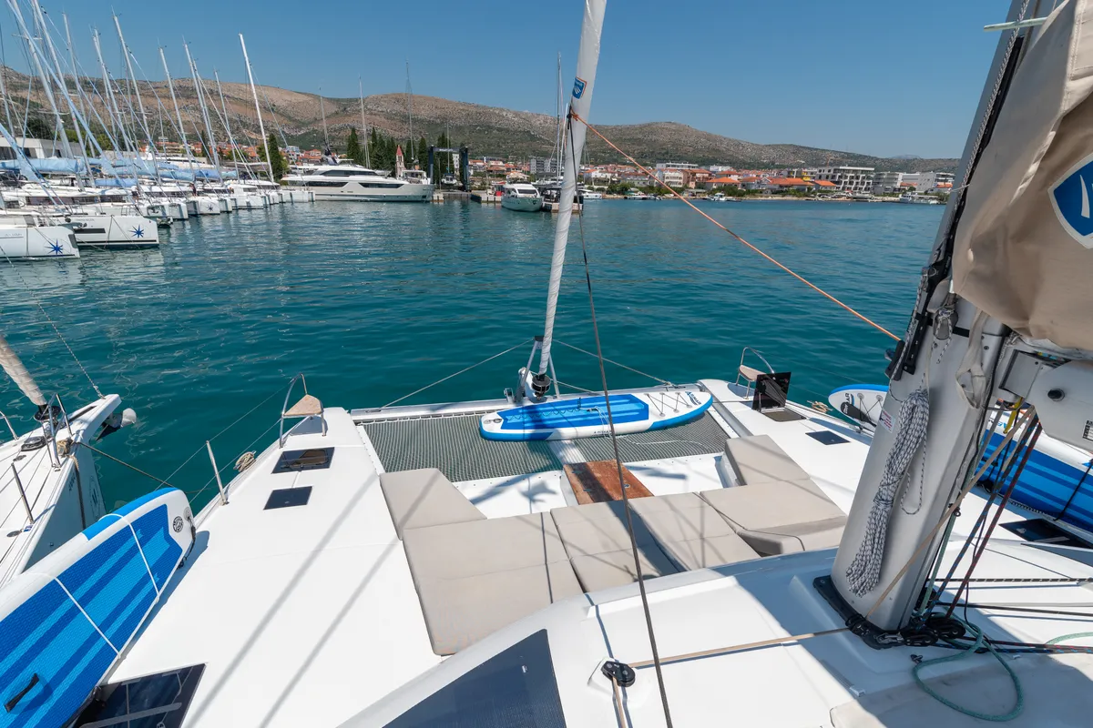 Deck of Ingrid, a Fountaine Pajot Aura 51 catamaran at Simpson Bay, Sint Maarten