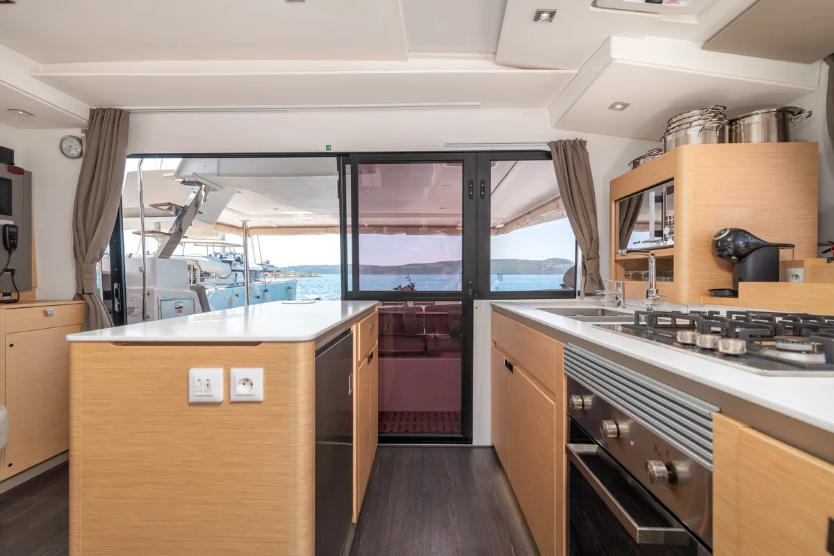 Galley of Ingrid, a Fountaine Pajot Aura 51 catamaran at Simpson Bay, Sint Maarten