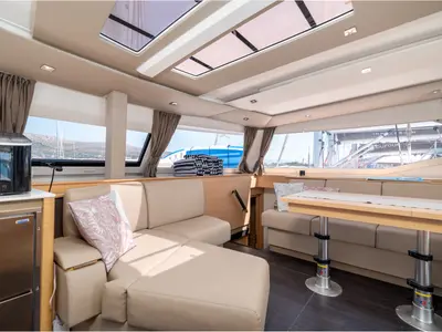 Salon of Ingrid, a Fountaine Pajot Aura 51 catamaran at Simpson Bay, Sint Maarten