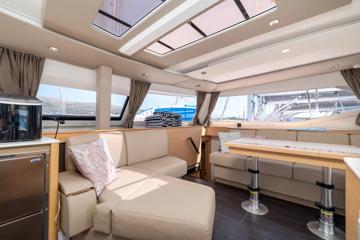 Salon of Ingrid, a Fountaine Pajot Aura 51 catamaran at Simpson Bay, Sint Maarten