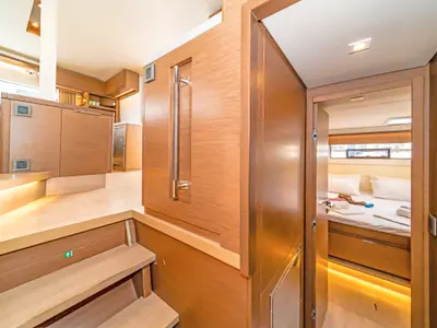 Salon of Just Infinity, a Lagoon 50 catamaran at Kontokali, Greece