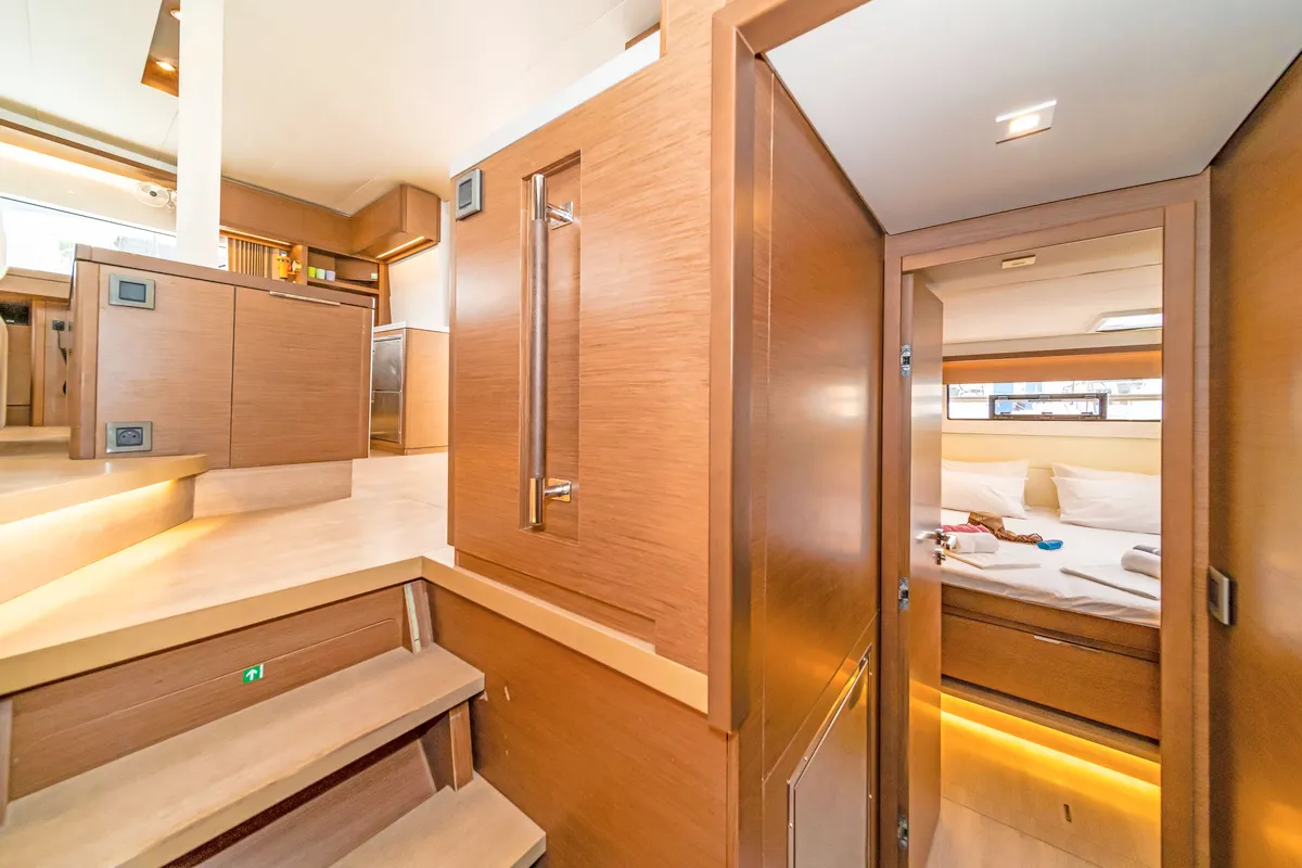 Salon of Just Infinity, a Lagoon 50 catamaran at Kontokali, Greece