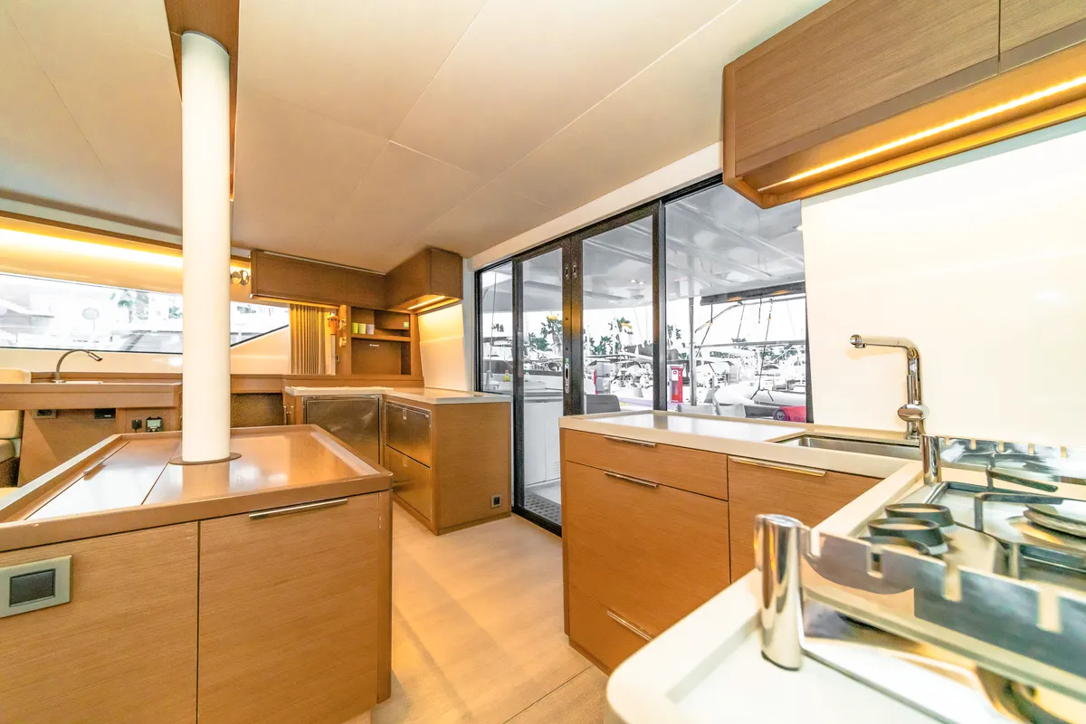 Galley of Just Infinity, a Lagoon 50 catamaran at Kontokali, Greece