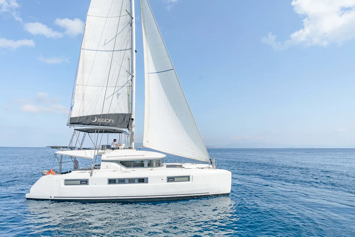 Exterior view of Just Infinity, a Lagoon 50 catamaran at Kontokali, Greece
