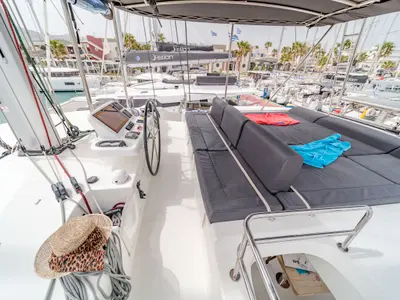 Cockpit of Just Infinity, a Lagoon 50 catamaran at Kontokali, Greece