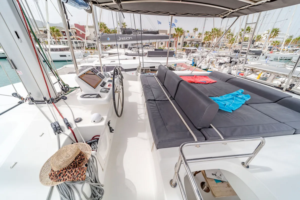 Cockpit of Just Infinity, a Lagoon 50 catamaran at Kontokali, Greece