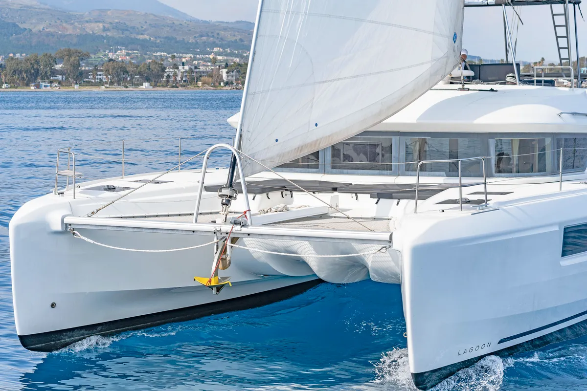 Exterior view of Just Infinity, a Lagoon 50 catamaran at Kontokali, Greece