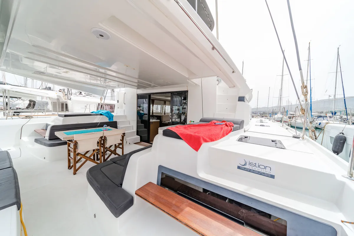 Deck of Just Infinity, a Lagoon 50 catamaran at Kontokali, Greece